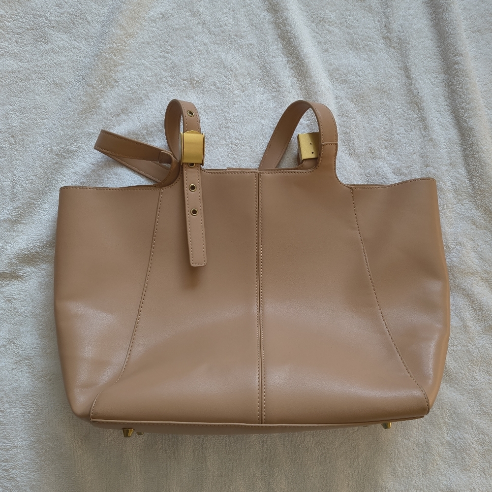 Miztique Beige Tote Bag Gold Hardware